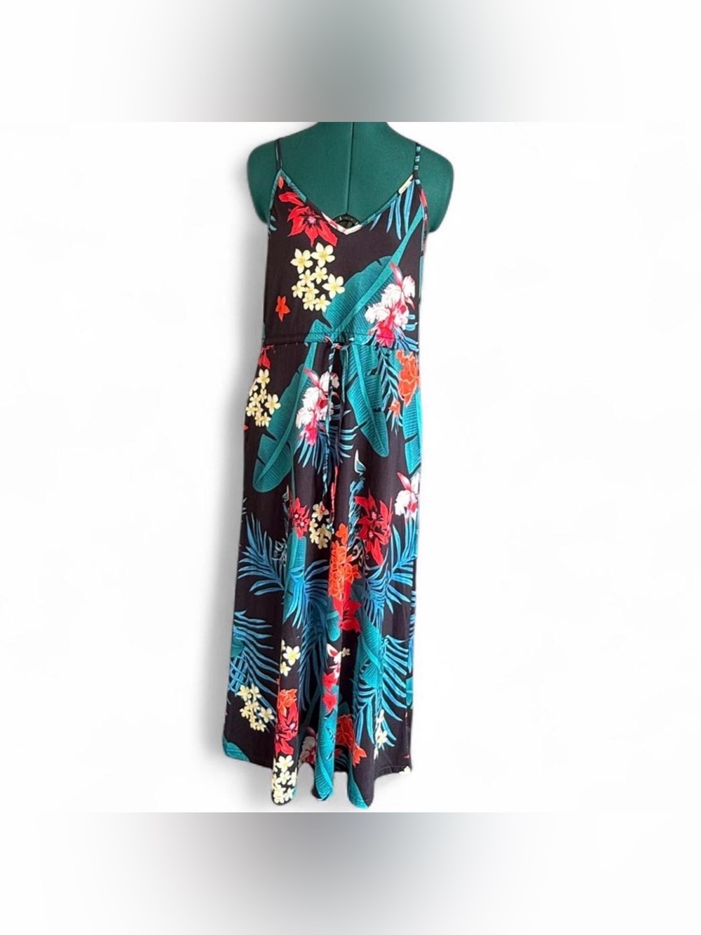 Huskary Tropical Print Black Maxi Dress with Adjustable Tie Waist With Pockets